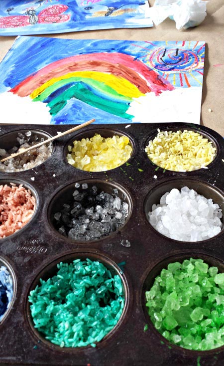 Using watercolors to dye rock salt and rice