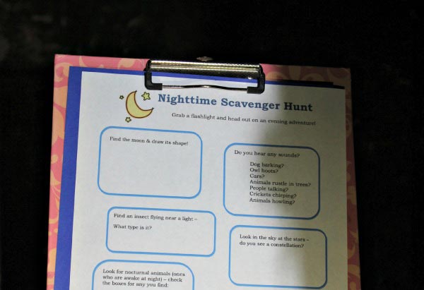 Outdoor Night time Scavenger Hunt for Kids with free printable list!