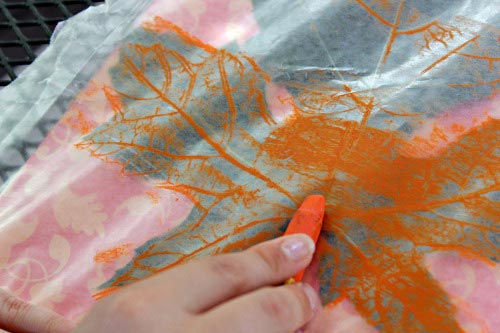 Leaf rubbings on wax paper with oil pastel - great STEAM project